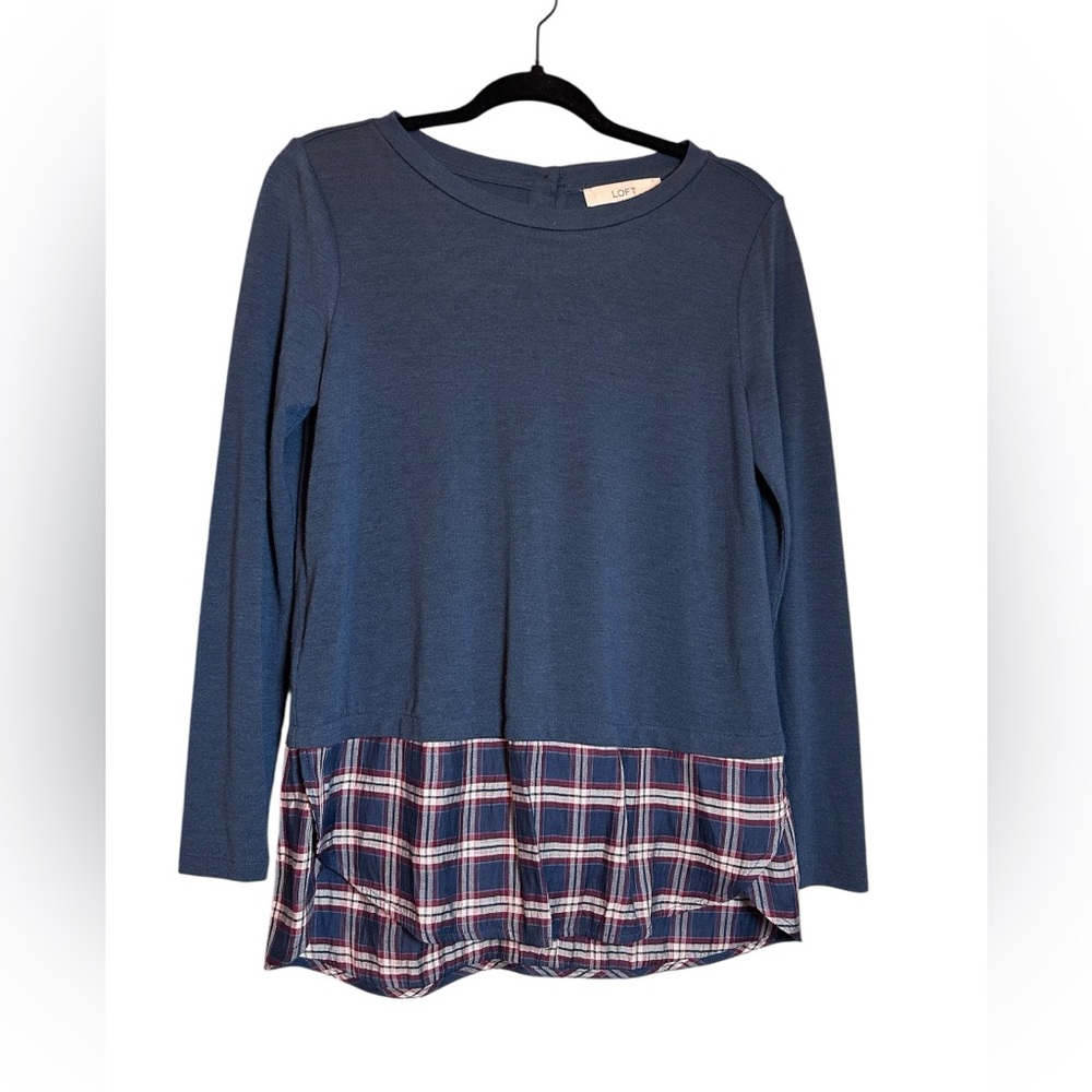LOFT Navy Long Sleeve Top‎ with Plaid Hem Layered Top Blouse SP